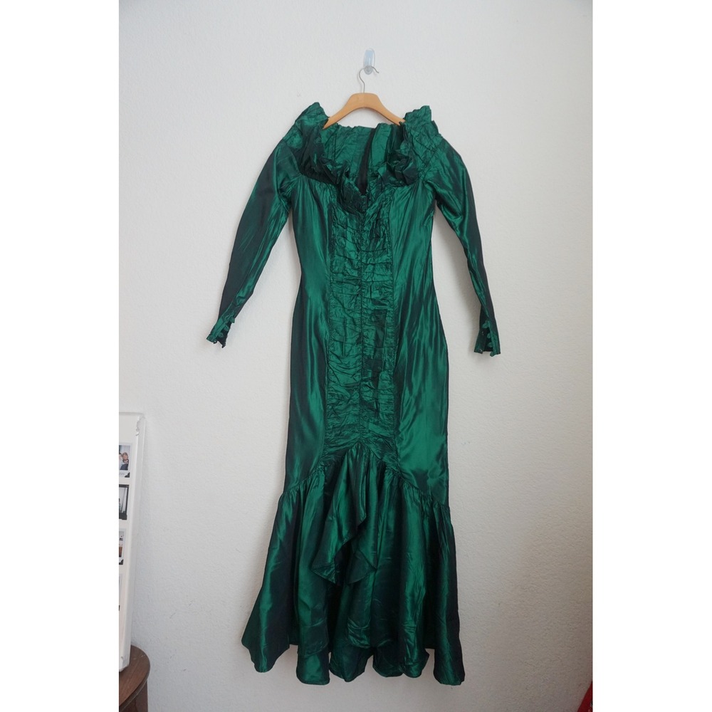 Gunne Sax 80's Emerald Green Ruched Evening Gown Goth Mermaid Formal Dress - Picture 1 of 9